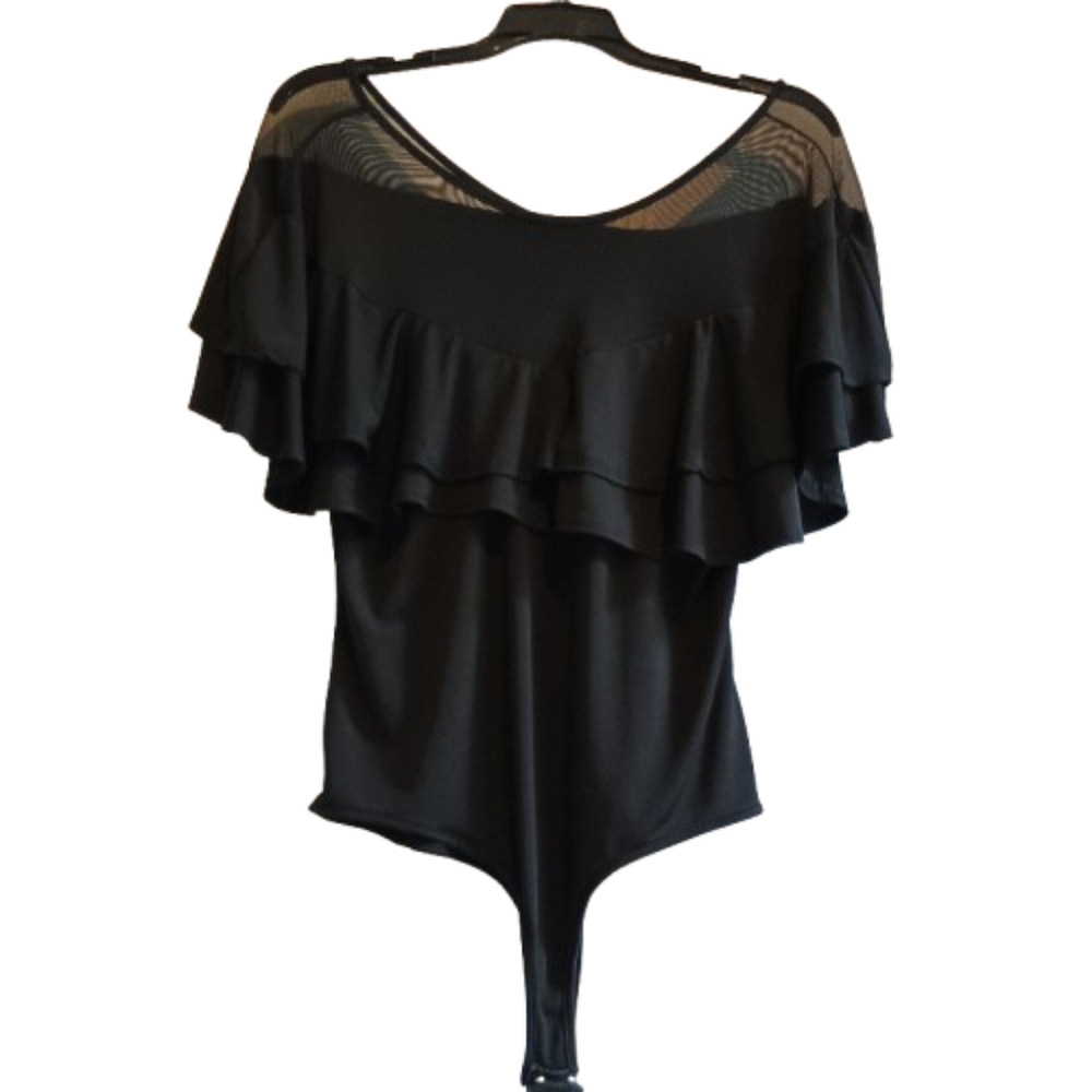Women's Black Ruffled Off-Shoulder Bodysuit Mesh‎ Yoke Blouse Top Size L/XL